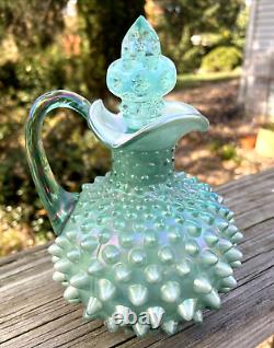 Fenton Aqua Blue-Green Iridescent Hobnail Cruet, Carnival Handle, Irid. Interior