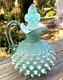 Fenton Aqua Blue-Green Iridescent Hobnail Cruet, Carnival Handle, Irid. Interior