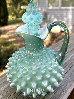 Fenton Aqua Blue-Green Iridescent Hobnail Cruet, Carnival Handle, Irid. Interior