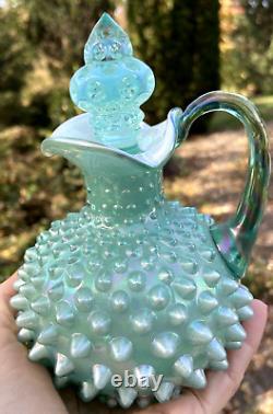 Fenton Aqua Blue-Green Iridescent Hobnail Cruet, Carnival Handle, Irid. Interior