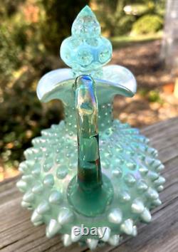 Fenton Aqua Blue-Green Iridescent Hobnail Cruet, Carnival Handle, Irid. Interior