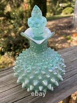 Fenton Aqua Blue-Green Iridescent Hobnail Cruet, Carnival Handle, Irid. Interior