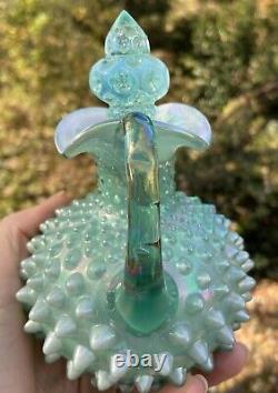 Fenton Aqua Blue-Green Iridescent Hobnail Cruet, Carnival Handle, Irid. Interior