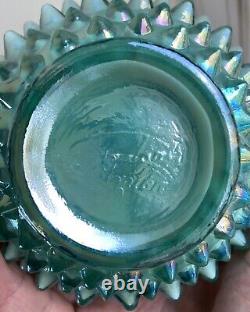 Fenton Aqua Blue-Green Iridescent Hobnail Cruet, Carnival Handle, Irid. Interior