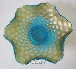 Fenton Aqua Marine Blue Iridescent Carnival 9 Glass Bowl feather compote Rare