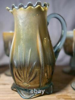 Fenton Aqua Opal Levay Glass Cactus Water Set 7 Pcs. Pitcher Goblets