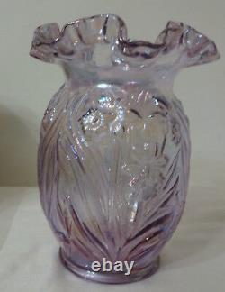 Fenton Art Carnival Iridescent Lavender Glass Ruffled Gorgeous Daffodils Vase