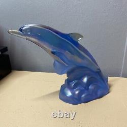 Fenton Art Glass Blue Carnival Iridescent Dolphin Figure riding the Waves