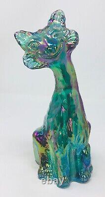Fenton Art Glass Blue / Green Iridescent Carnival Glass Winking Alley Cat 11 H
