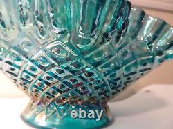 Fenton Art Glass Diamond Lace Blue Iridescent Carnival 3 Horn Epergne Vase