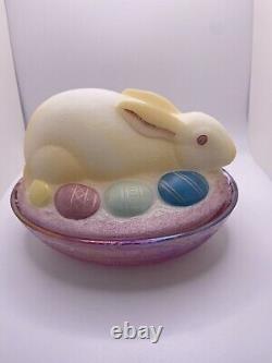 Fenton Art Glass Easter Bunny Rabbit Nest of Eggs Iridescent Signed S. Fenton