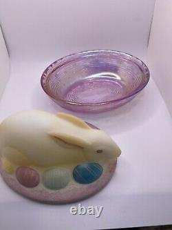 Fenton Art Glass Easter Bunny Rabbit on Nest of Eggs Iridescent Hot Pink Signed