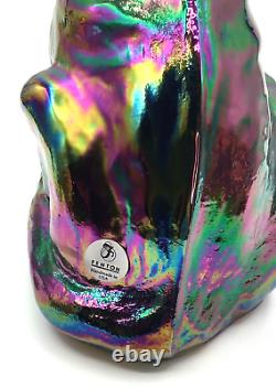 Fenton Art Glass Green Iridescent Carnival Glass Winking Alley Cat Oil Slick 11