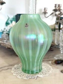 Fenton Art Glass Pastel Green Stripe Iridescent Carnival Glass Ginger Jar Vase