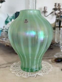 Fenton Art Glass Pastel Green Stripe Iridescent Carnival Glass Ginger Jar Vase