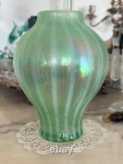 Fenton Art Glass Pastel Green Stripe Iridescent Carnival Glass Ginger Jar Vase