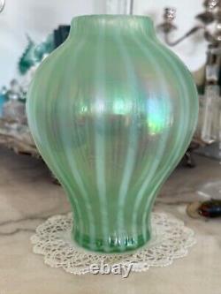 Fenton Art Glass Pastel Green Stripe Iridescent Carnival Glass Ginger Jar Vase