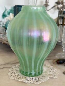 Fenton Art Glass Pastel Green Stripe Iridescent Carnival Glass Ginger Jar Vase