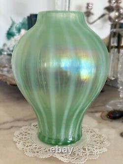 Fenton Art Glass Pastel Green Stripe Iridescent Carnival Glass Ginger Jar Vase