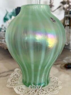 Fenton Art Glass Pastel Green Stripe Iridescent Carnival Glass Ginger Jar Vase