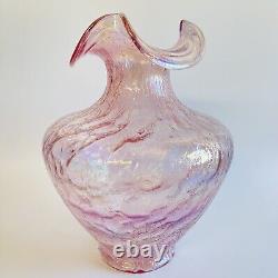 Fenton Art Glass Pink Iridescent Carnival Crackle Ruffle Vase Large 11 1/4 Tall