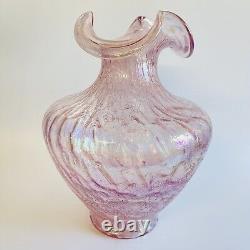 Fenton Art Glass Pink Iridescent Carnival Crackle Ruffle Vase Large 11 1/4 Tall