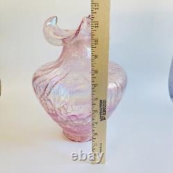 Fenton Art Glass Pink Iridescent Carnival Crackle Ruffle Vase Large 11 1/4 Tall