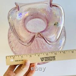 Fenton Art Glass Pink Iridescent Carnival Crackle Ruffle Vase Large 11 1/4 Tall