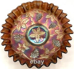 Fenton Art Glass Ruffled Bowl Marigold Carnival Iridescent Grapes & Leaves Dish