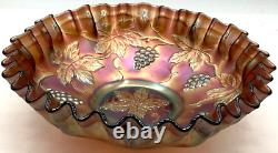 Fenton Art Glass Ruffled Bowl Marigold Carnival Iridescent Grapes & Leaves Dish