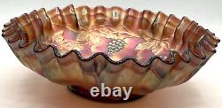 Fenton Art Glass Ruffled Bowl Marigold Carnival Iridescent Grapes & Leaves Dish