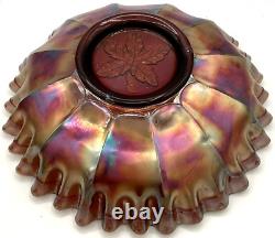 Fenton Art Glass Ruffled Bowl Marigold Carnival Iridescent Grapes & Leaves Dish