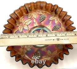 Fenton Art Glass Ruffled Bowl Marigold Carnival Iridescent Grapes & Leaves Dish