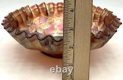 Fenton Art Glass Ruffled Bowl Marigold Carnival Iridescent Grapes & Leaves Dish