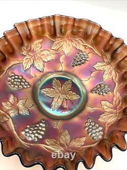 Fenton Art Glass Ruffled Bowl Marigold Carnival Iridescent Grapes & Leaves Dish