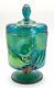 Fenton Art Glass Teal Iridescent Carnival Glass Chessie Cat Candy Jar, Lip 8