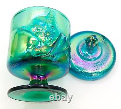 Fenton Art Glass Teal Iridescent Carnival Glass Chessie Cat Candy Jar, Lip 8