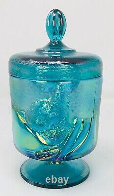 Fenton Art Glass Teal Iridescent Carnival Glass Chessie Cat Candy Jar with Lip