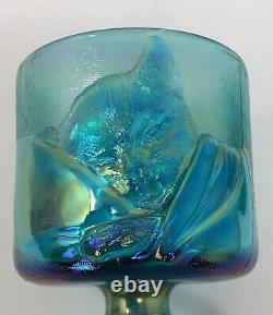 Fenton Art Glass Teal Iridescent Carnival Glass Chessie Cat Candy Jar with Lip