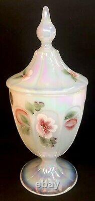 Fenton Art Hand Painted Magnolia Blush On French Opalescent Carnival Candy Box