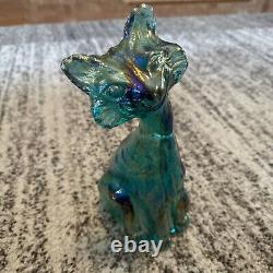 Fenton Beautiful Teal Iridescent Carnival Glass 11 Tall Winking Cat Figurine