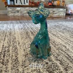 Fenton Beautiful Teal Iridescent Carnival Glass 11 Tall Winking Cat Figurine