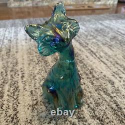 Fenton Beautiful Teal Iridescent Carnival Glass 11 Tall Winking Cat Figurine