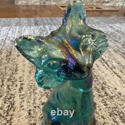 Fenton Beautiful Teal Iridescent Carnival Glass 11 Tall Winking Cat Figurine