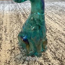 Fenton Beautiful Teal Iridescent Carnival Glass 11 Tall Winking Cat Figurine