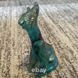 Fenton Beautiful Teal Iridescent Carnival Glass 11 Tall Winking Cat Figurine