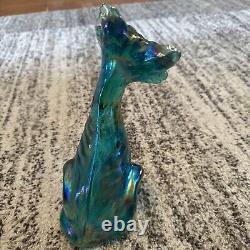 Fenton Beautiful Teal Iridescent Carnival Glass 11 Tall Winking Cat Figurine