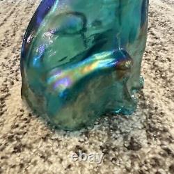 Fenton Beautiful Teal Iridescent Carnival Glass 11 Tall Winking Cat Figurine