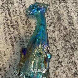 Fenton Beautiful Teal Iridescent Carnival Glass 11 Tall Winking Cat Figurine