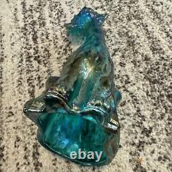 Fenton Beautiful Teal Iridescent Carnival Glass 11 Tall Winking Cat Figurine